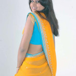 girls saree back 150x150 Telugu Girls Yellow Casual Saree Blue Blouse